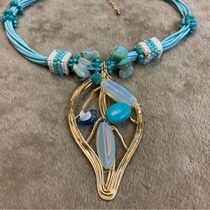"Beachy Leaf" Necklace Aqua, White and Gold